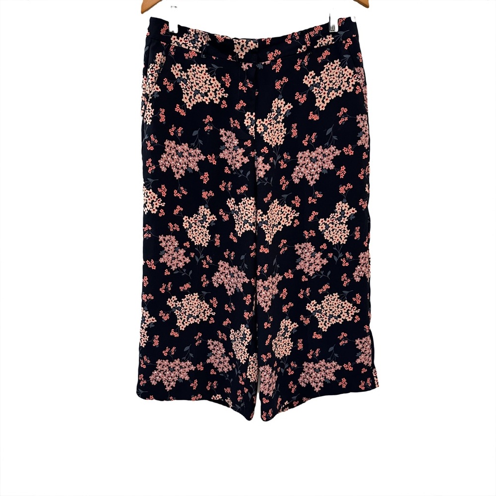 Loft Women's Wide Leg Cropped Black Floral Print Pant Trousers Size 10P